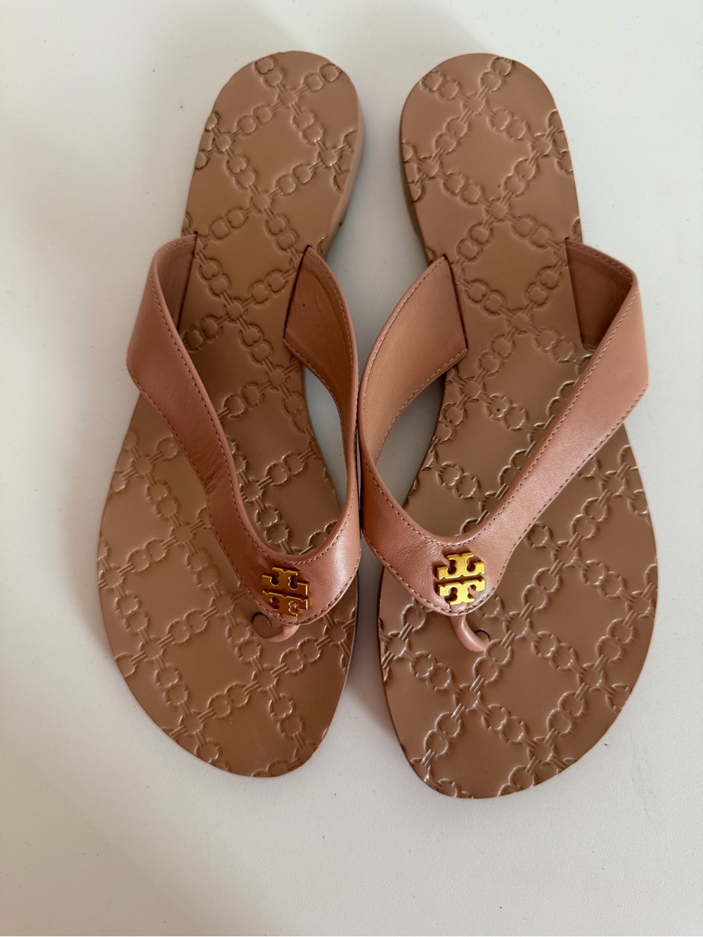 Tory Burch Pink-Tan Leather Logo Thong Sandals
